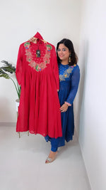 Mul cotton Anarkali suit set with half lining with zari detailing in red