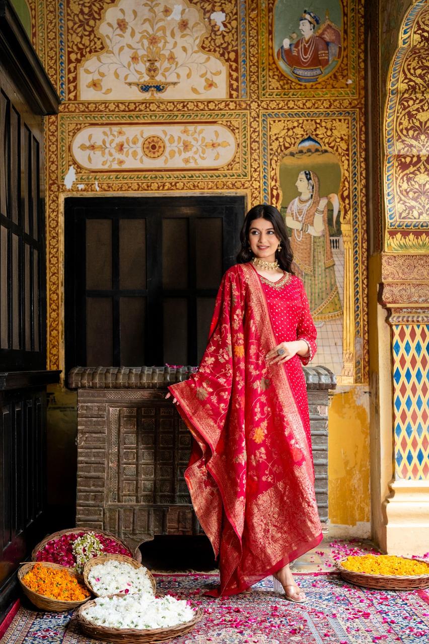 Premium pure chinon V neck hand work suit paired with Banarasi dupatta