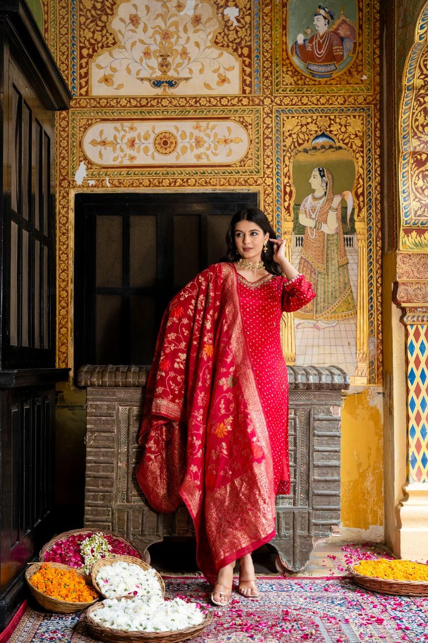 Premium pure chinon V neck hand work suit paired with Banarasi dupatta