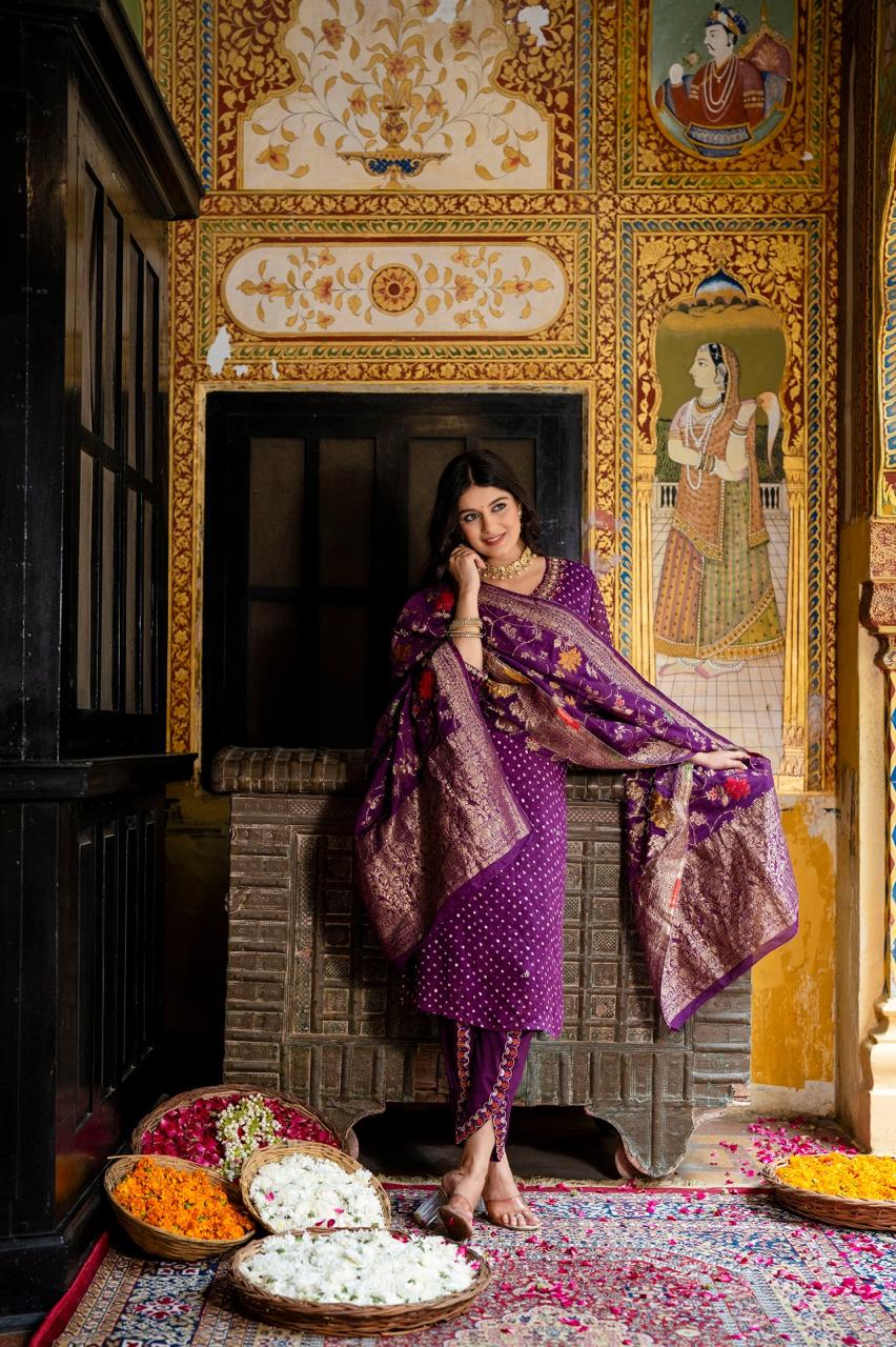 Premium pure chinon V neck hand work suit paired with Banarasi dupatta