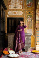 Premium pure chinon V neck hand work suit paired with Banarasi dupatta