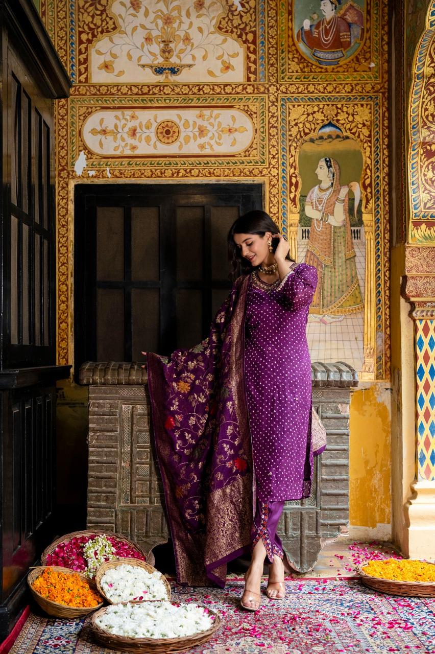 Premium pure chinon V neck hand work suit paired with Banarasi dupatta