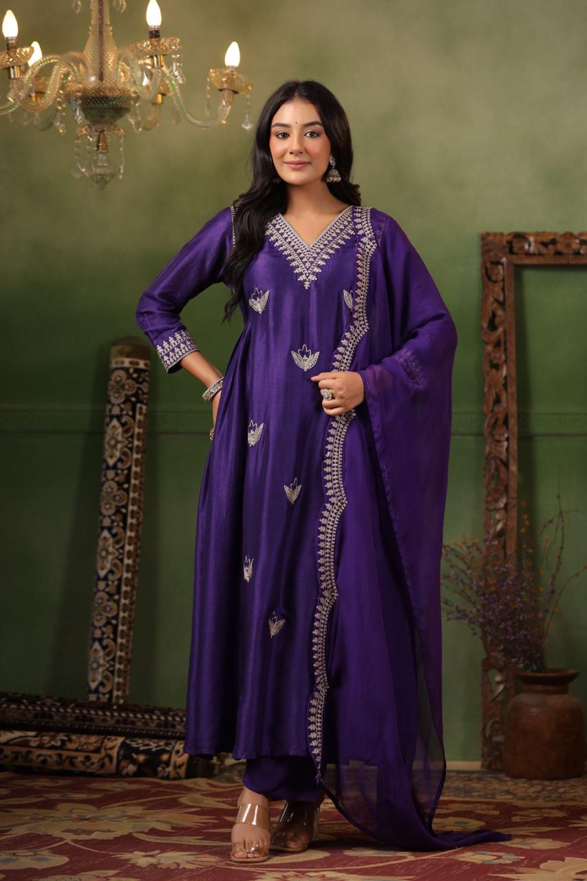 Premium Russian silk with zari embroidery suit set