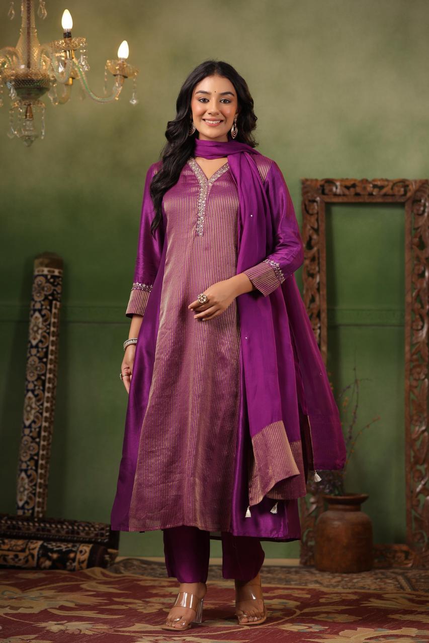 Premium silk suit paired with organza dupatta