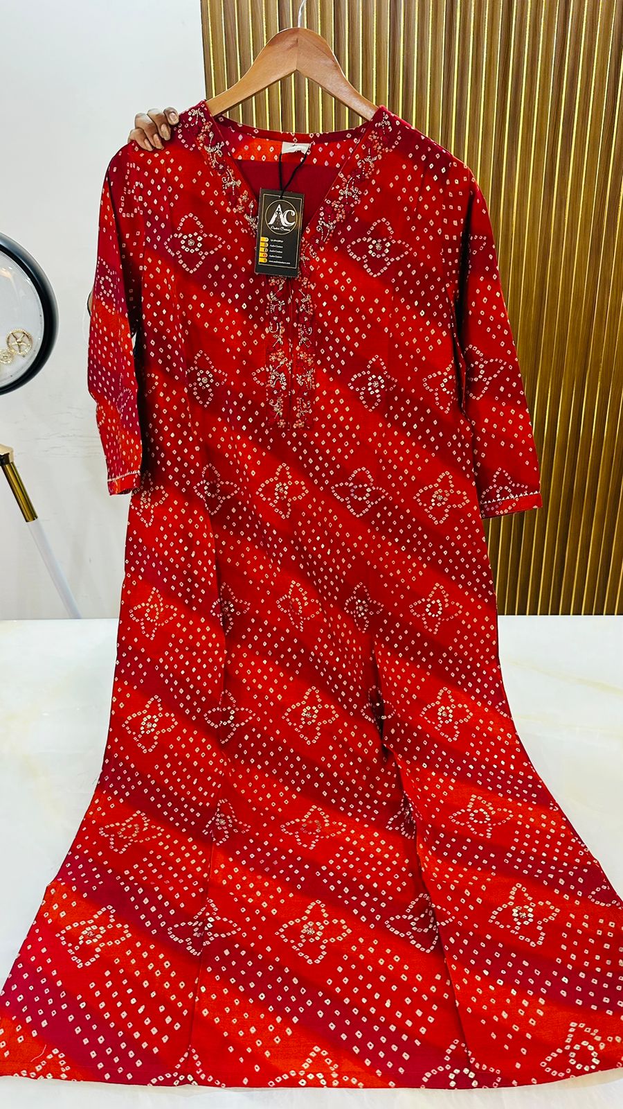 Muslin bandhani kurta paired with premium cotton pants