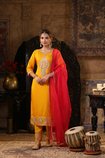 Pure dola silk kache gotta ka full suit paired with orgenza dupatta ! A must buy