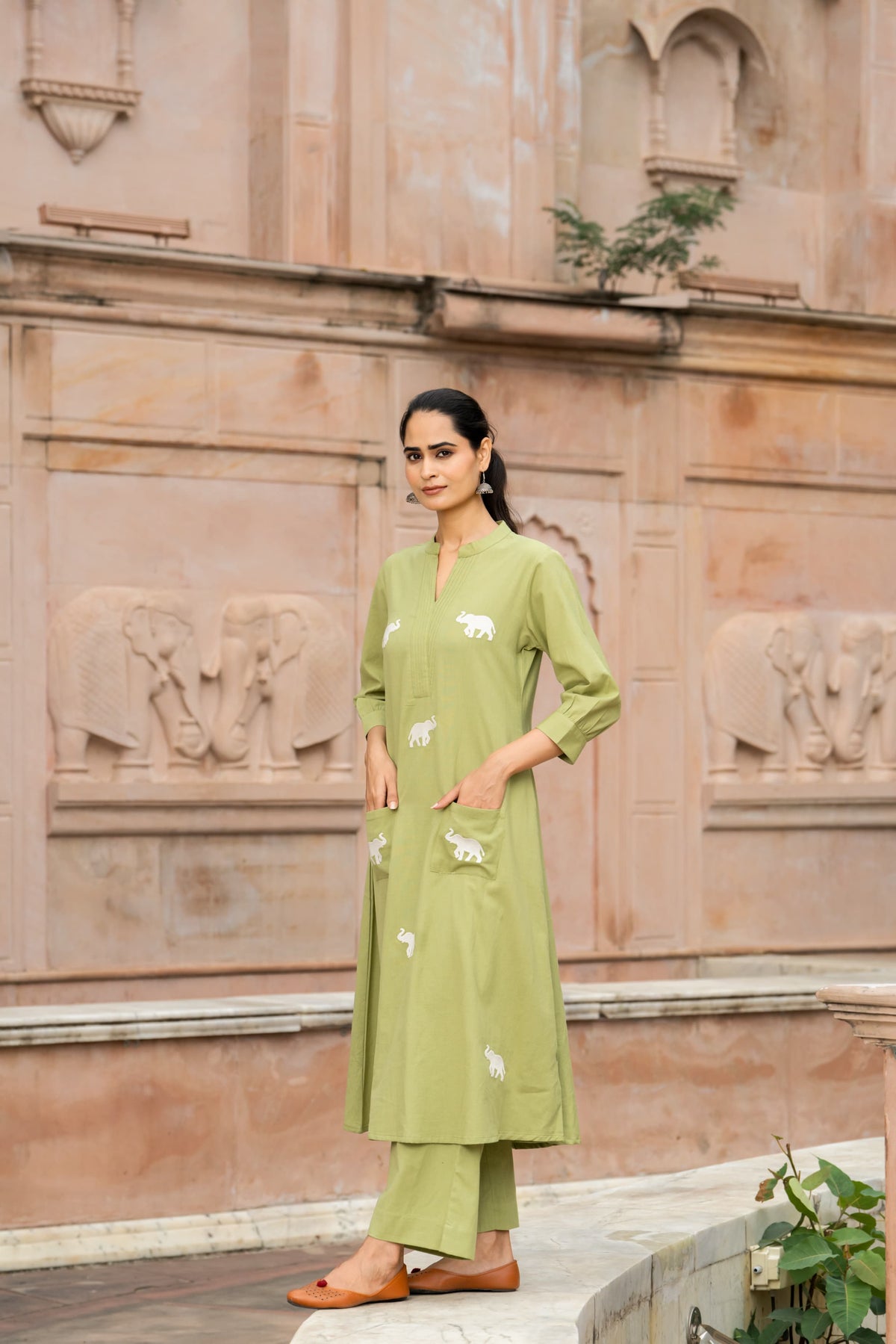 Premium cotton V neck applique work cotton kurta pant