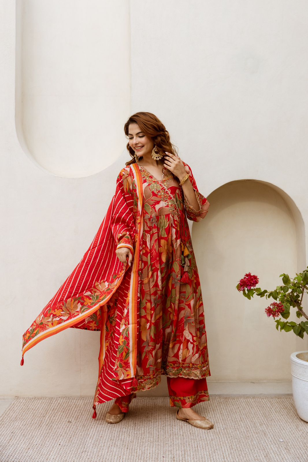 Angrakha style muslin suit set with gold foil print