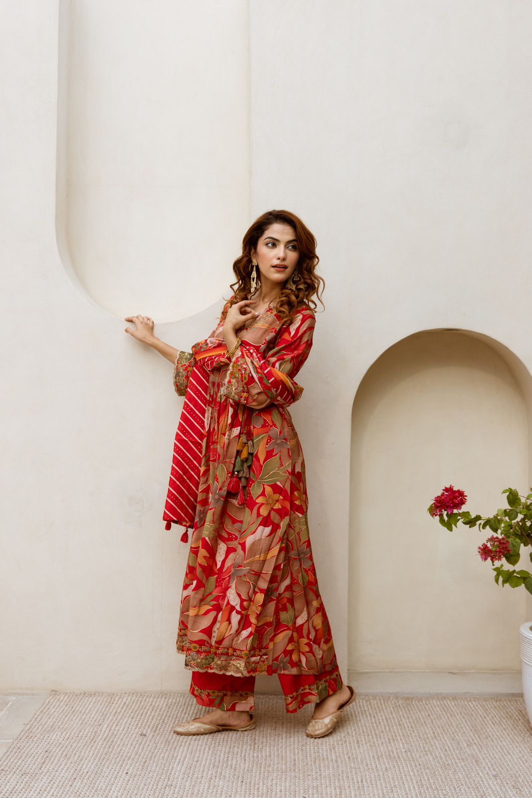 Angrakha style muslin suit set with gold foil print