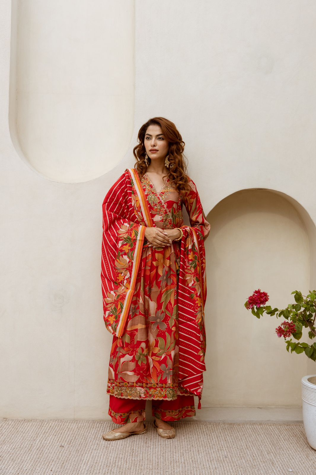 Angrakha style muslin suit set with gold foil print