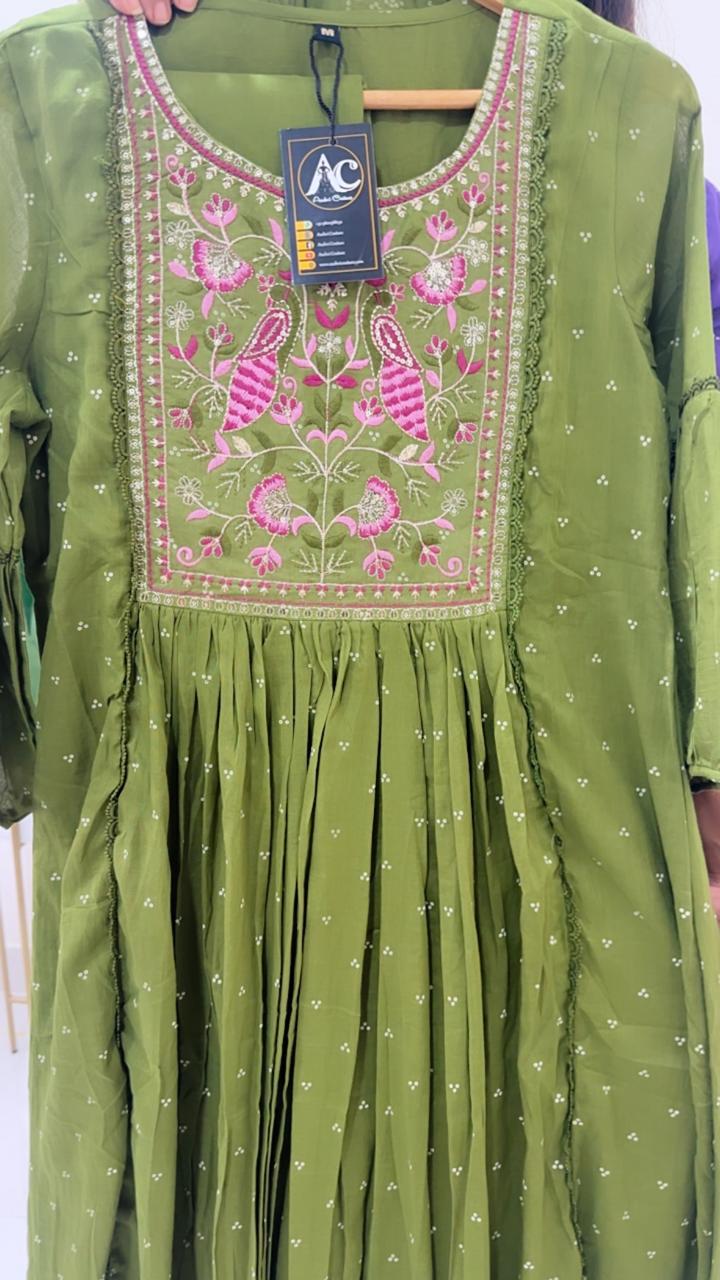 Premium fully embroidered cotton suit set in green