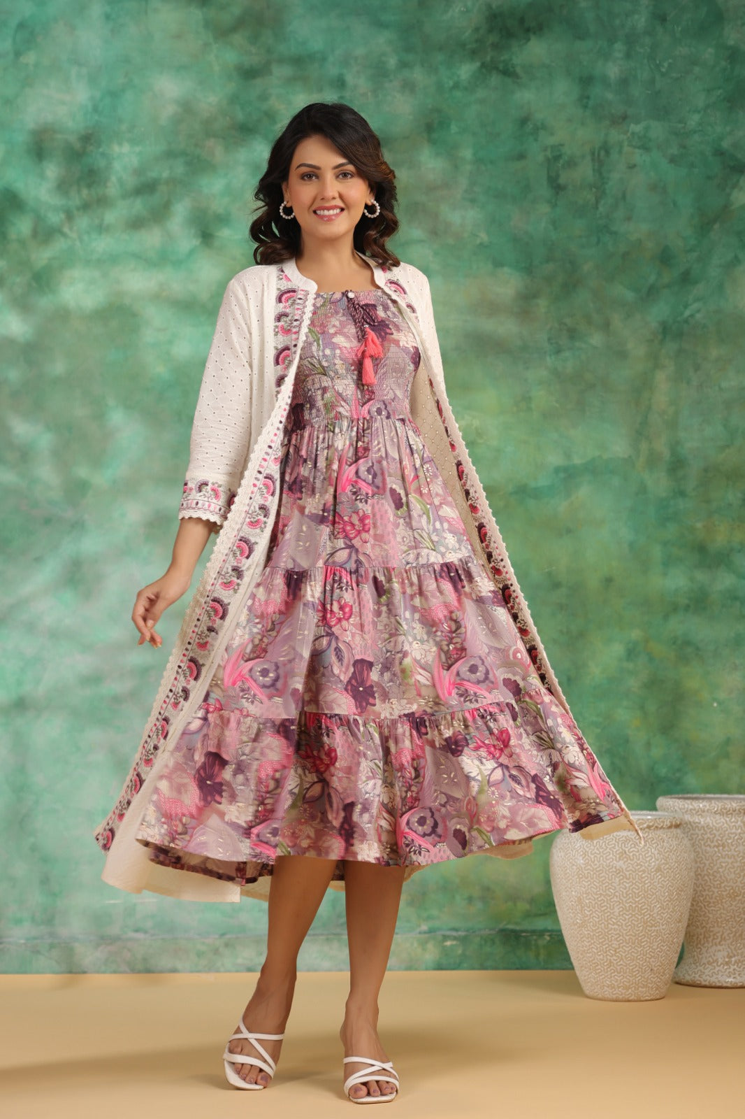 Premium rayon smocking effect dress paired with shifli jacket