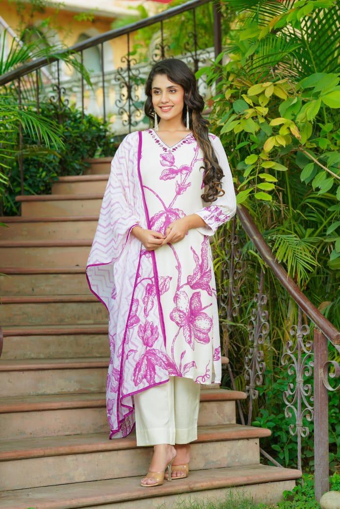 Premium pure cotton digital printed full suit set in pink