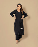 Festive muslin V neck mirror work embellished kurta pant