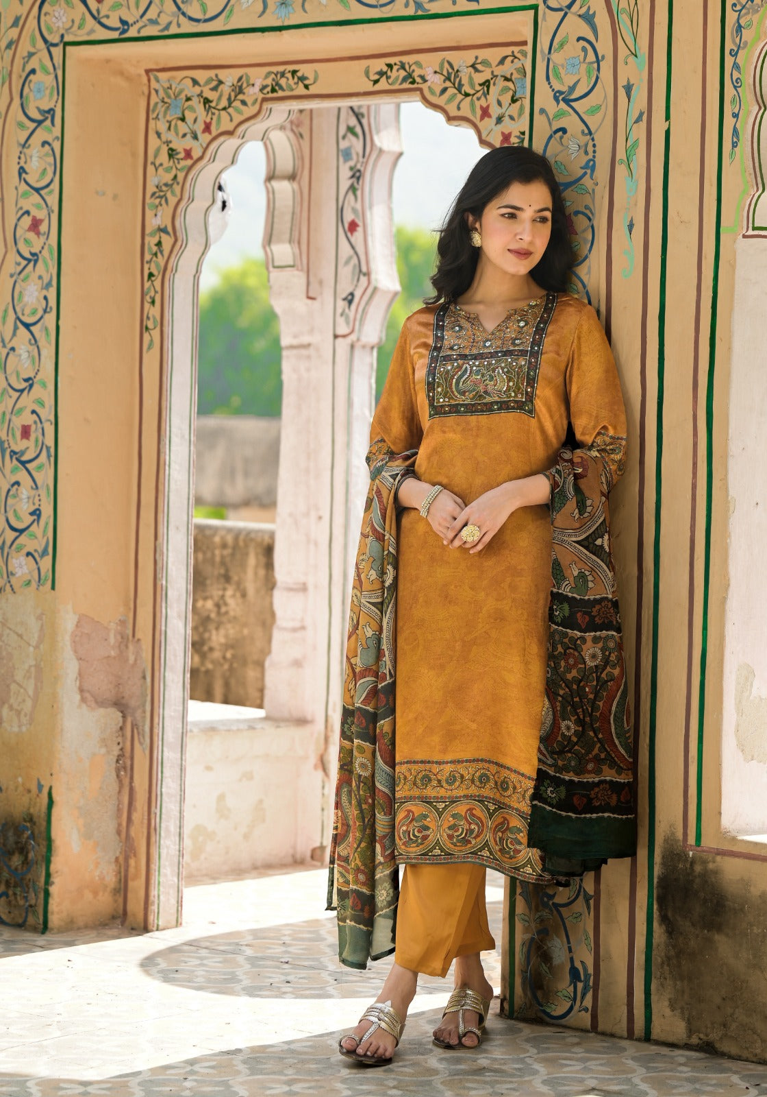 Premium gaji silk kalamkari suit set