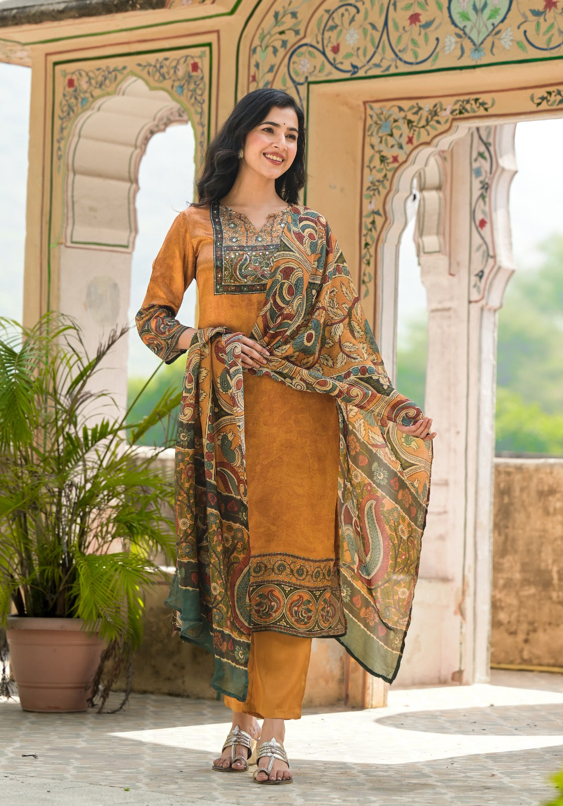 Premium gaji silk kalamkari suit set