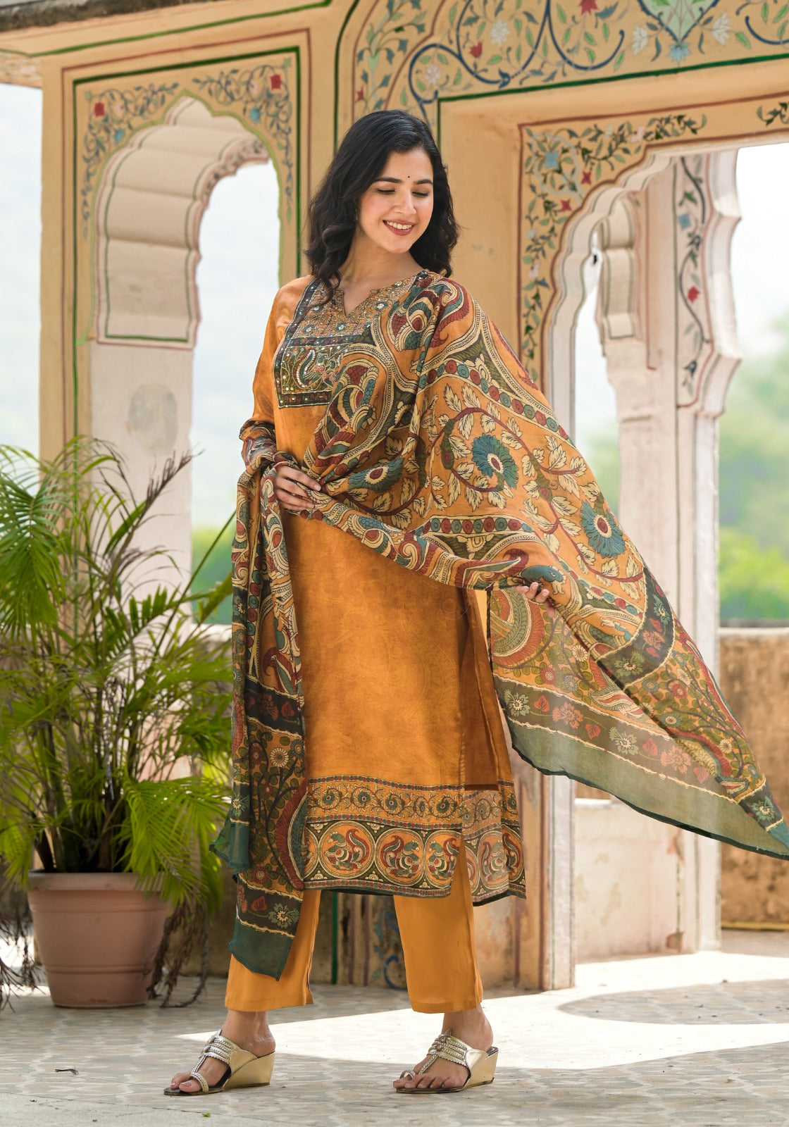 Premium gaji silk kalamkari suit set