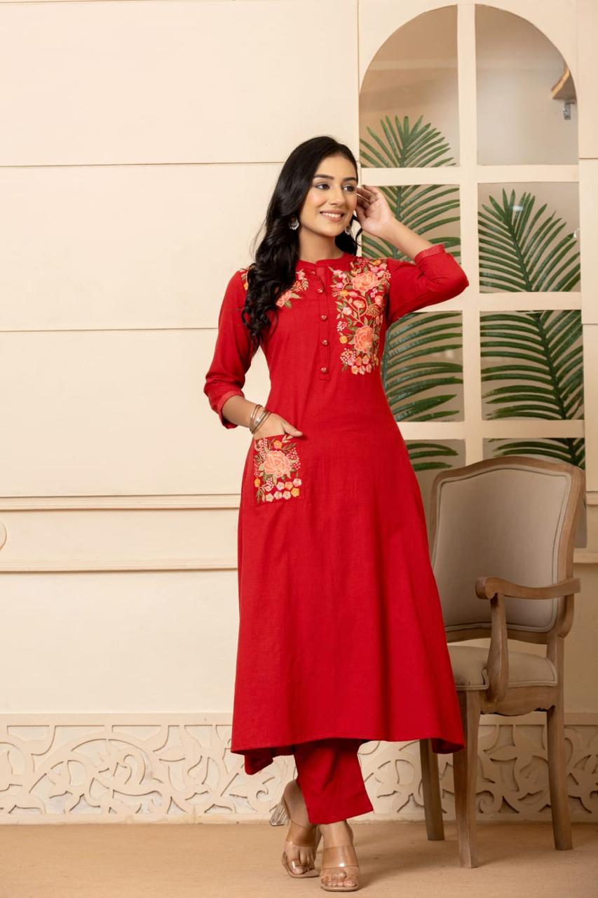 Pretty cotton embroidered kurta pant