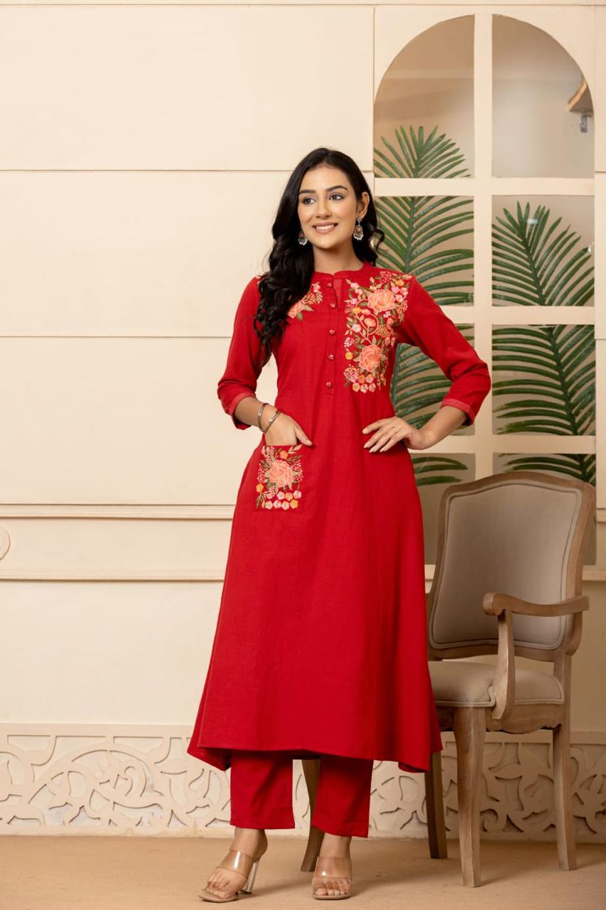 Pretty cotton embroidered kurta pant