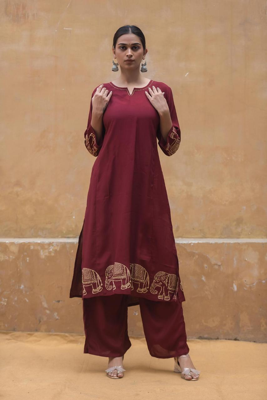 Butter muslin silk kurta pant in wine