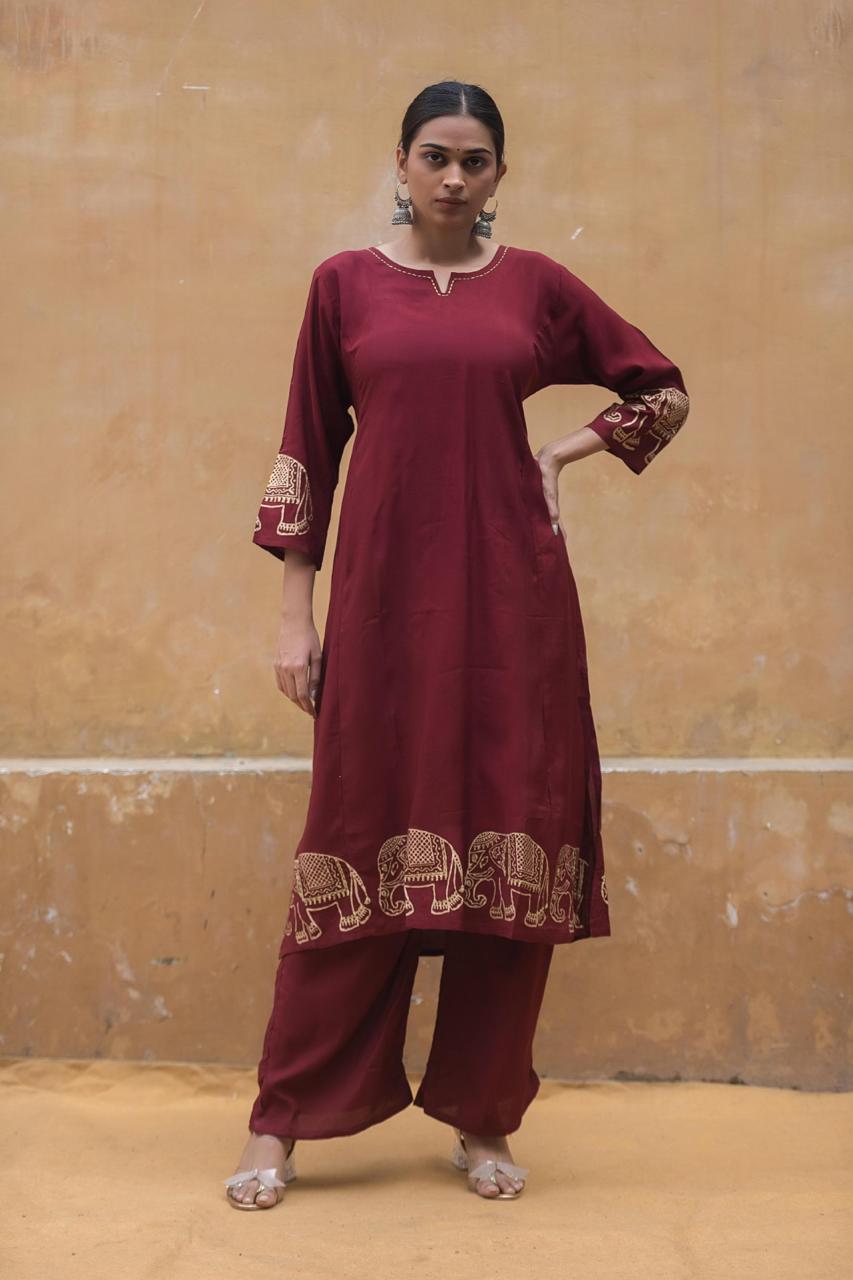 Butter muslin silk kurta pant in wine