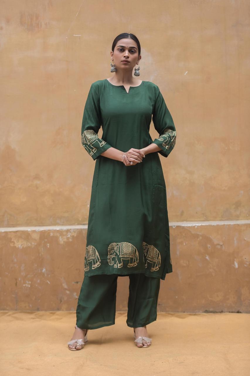 Butter muslin silk kurta pant in green