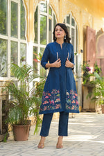 Premium cotton shrug kurta pant set in blue