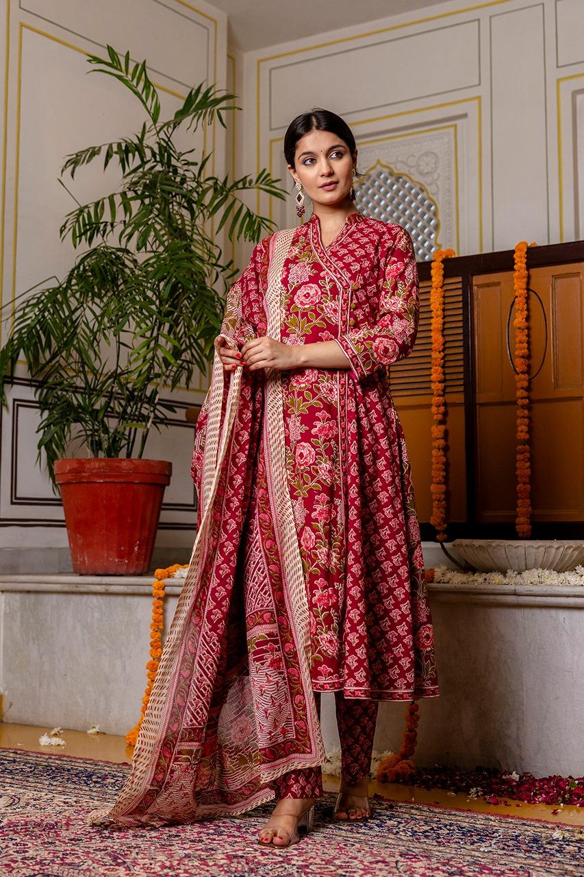 Pretty cotton angrakha full suit set in red