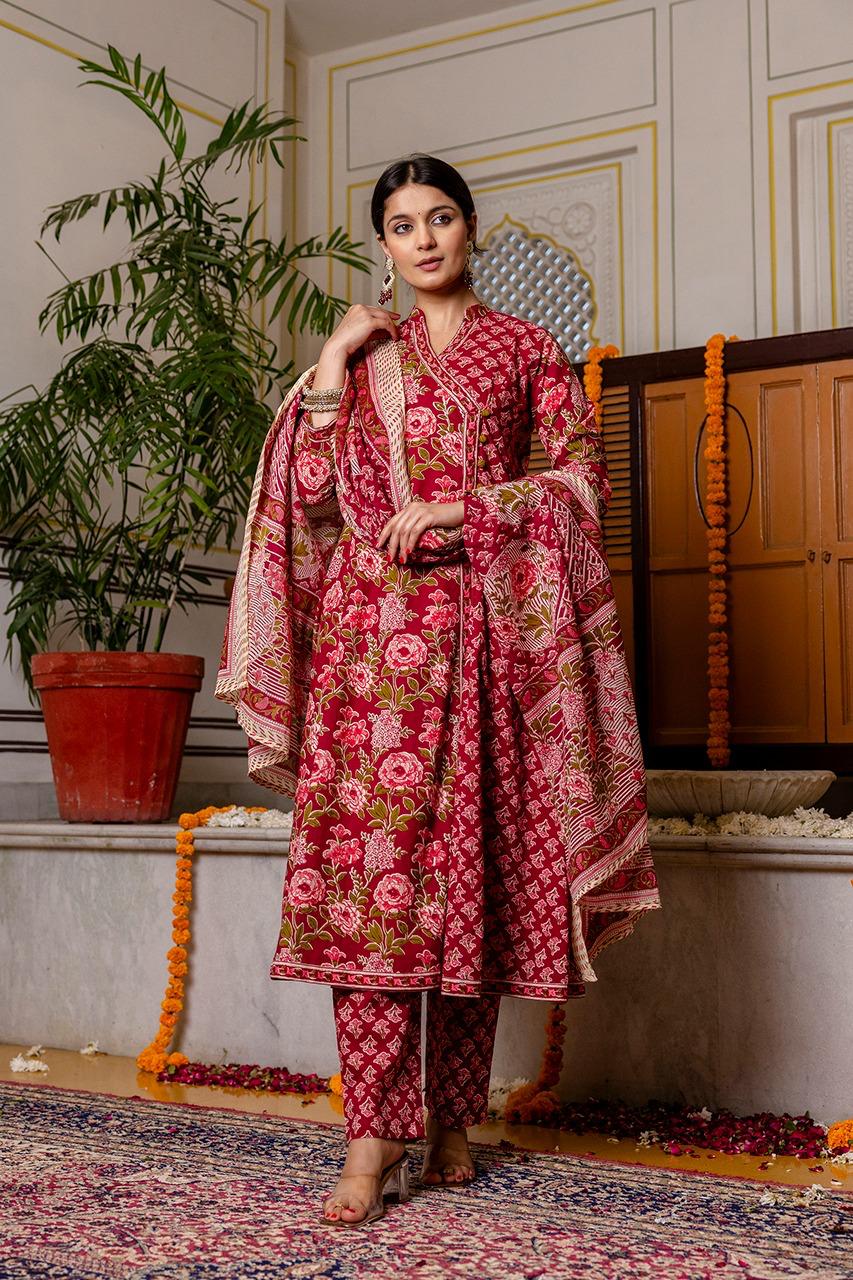 Pretty cotton angrakha full suit set in red