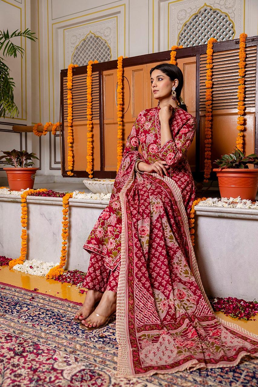 Pretty cotton angrakha full suit set in red