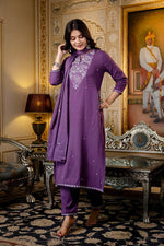 Cotton fully embroidered full suit set in purple