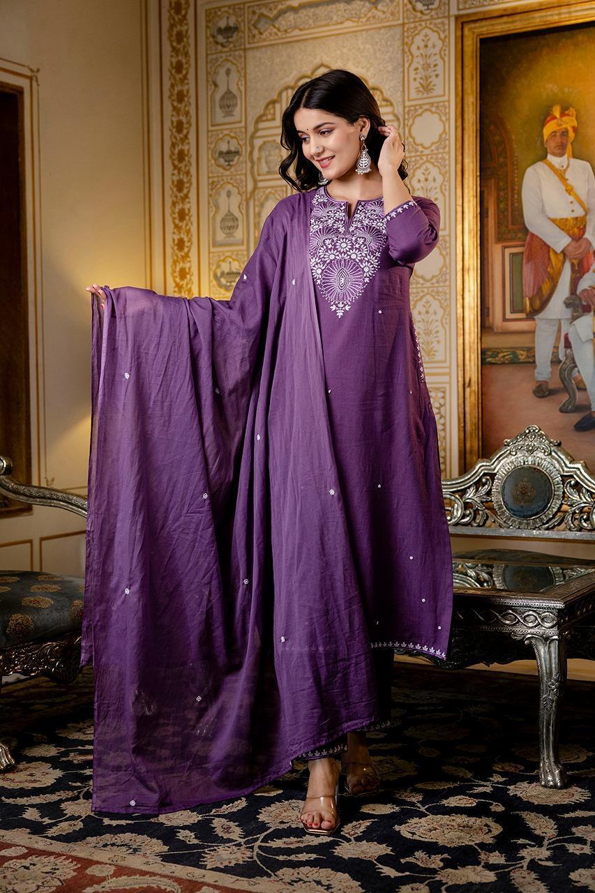 Cotton fully embroidered full suit set in purple