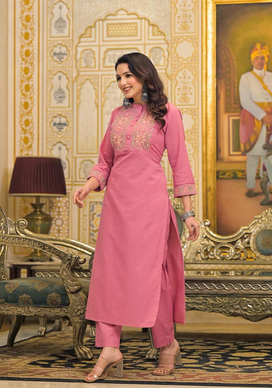 Embroidered kurta pant in cotton