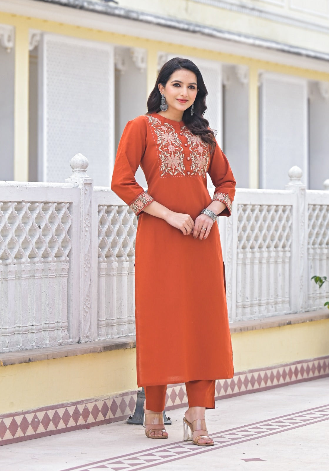 Embroidered kurta pant in cotton in rust