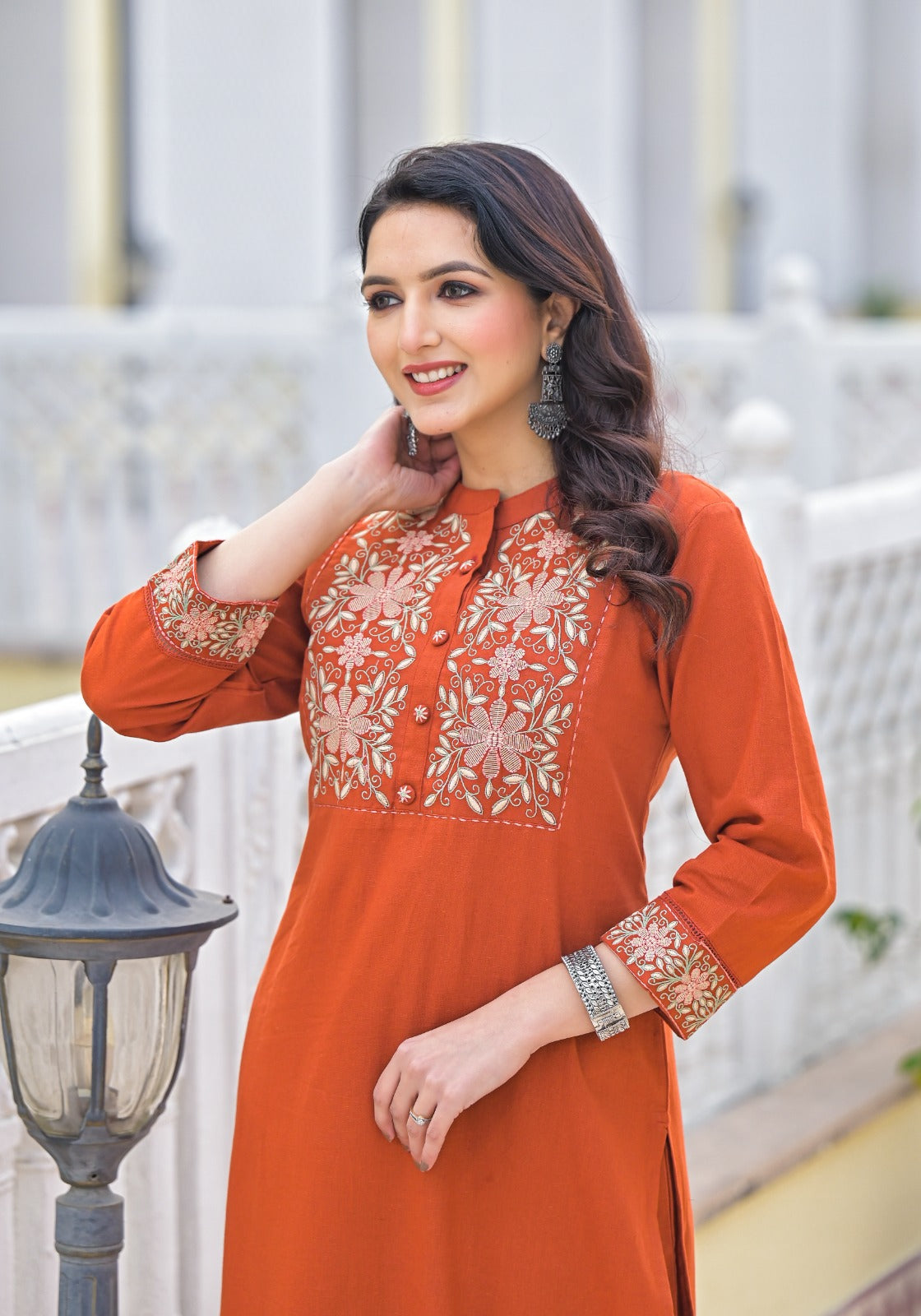 Embroidered kurta pant in cotton in rust