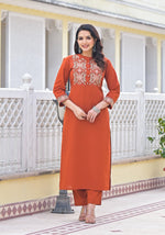 Embroidered kurta pant in cotton in rust