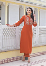 Embroidered kurta pant in cotton in rust