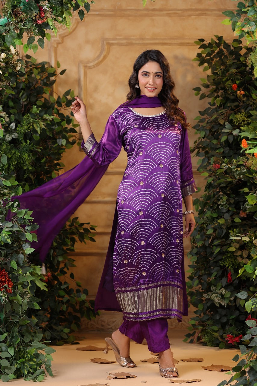 Gaji silk lakri patta suit set