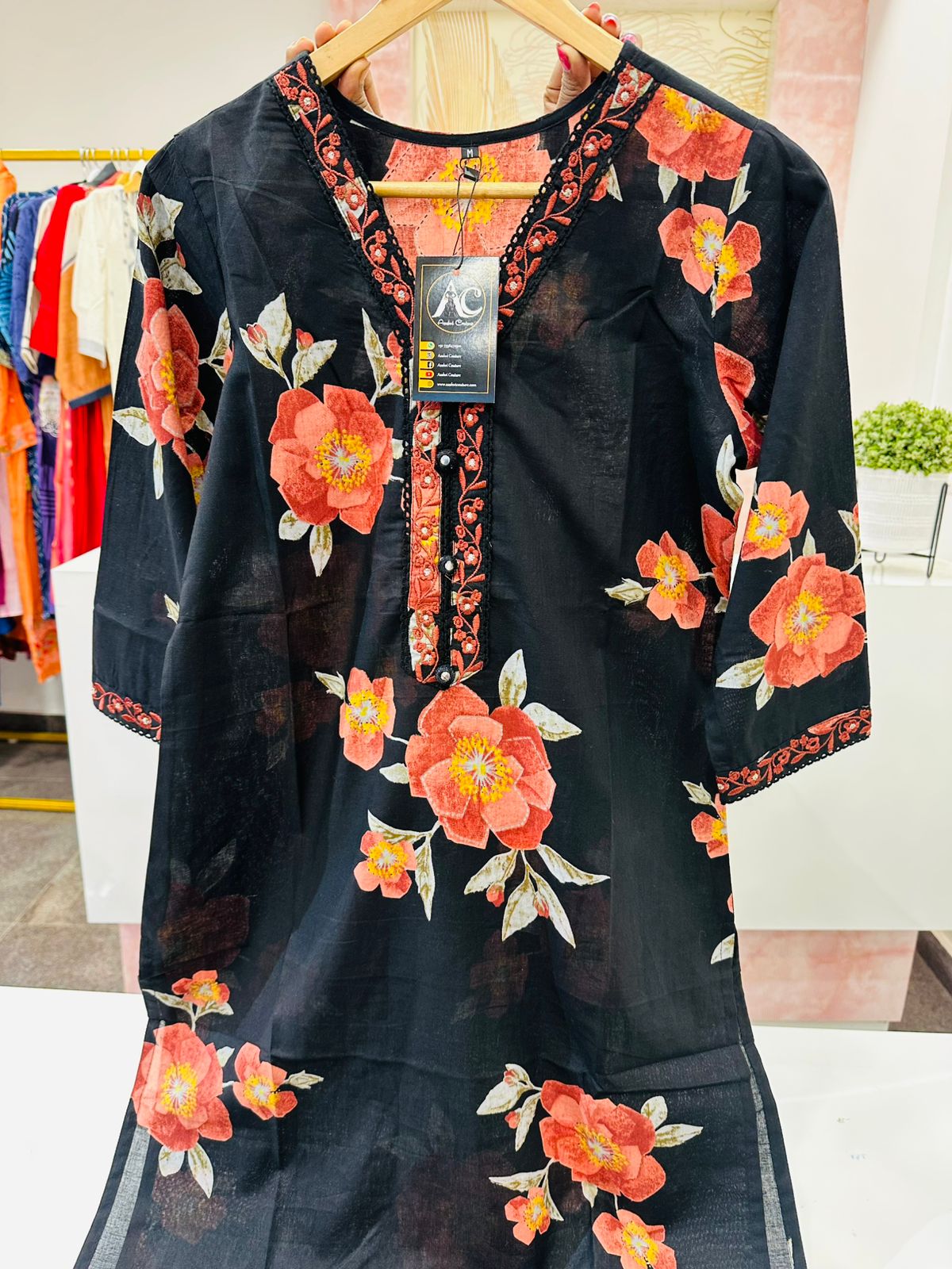 Black V neck digital printed kurta