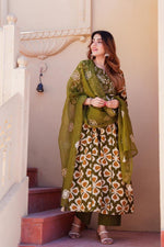 Digital printed full suit set paired with embroidered Kota doria dupatta