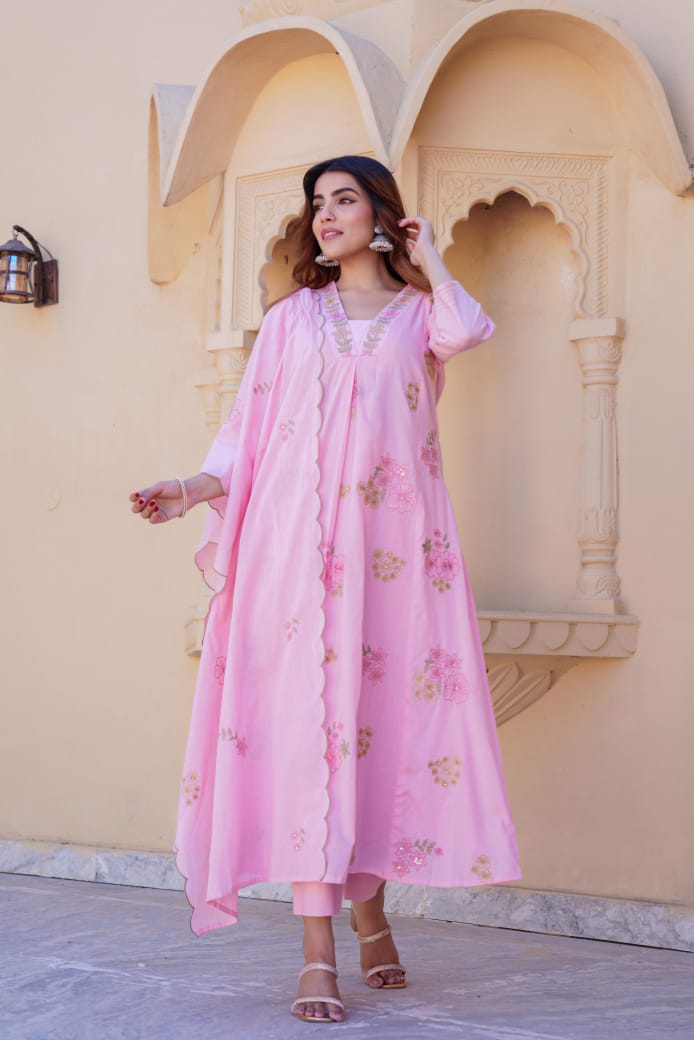 Pretty Mul cotton lining embroidered full suit set in pink