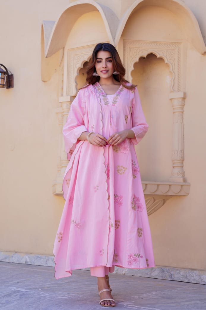 Pretty Mul cotton lining embroidered full suit set in pink