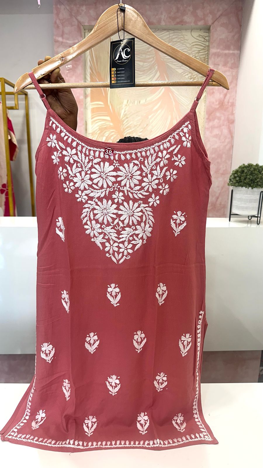 Wow sleeveless chikankari kurta in peach