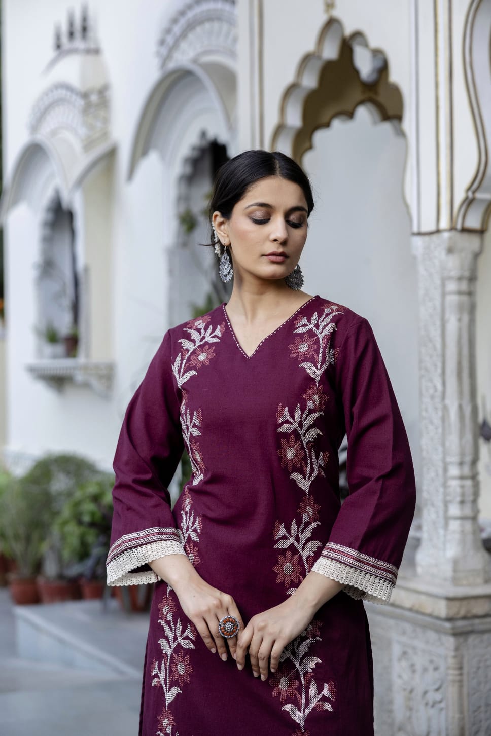 V neck embroidered designer kurta pant