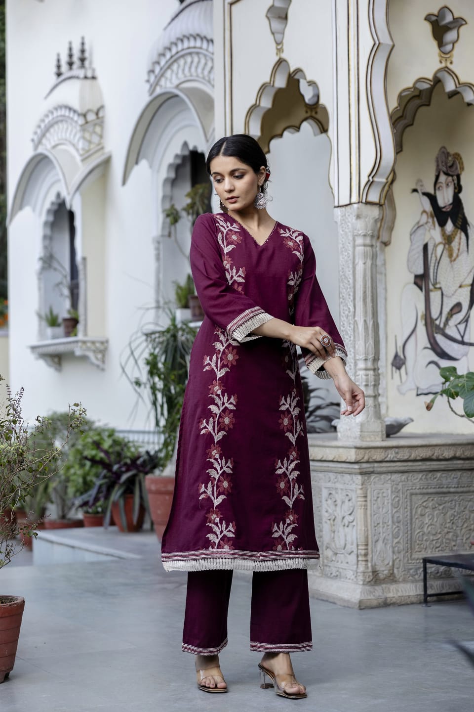 V neck embroidered designer kurta pant