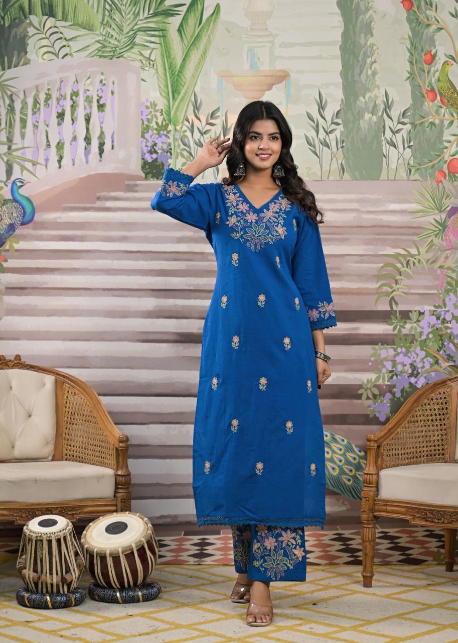 Pure cotton embroidered kurta pant in blue