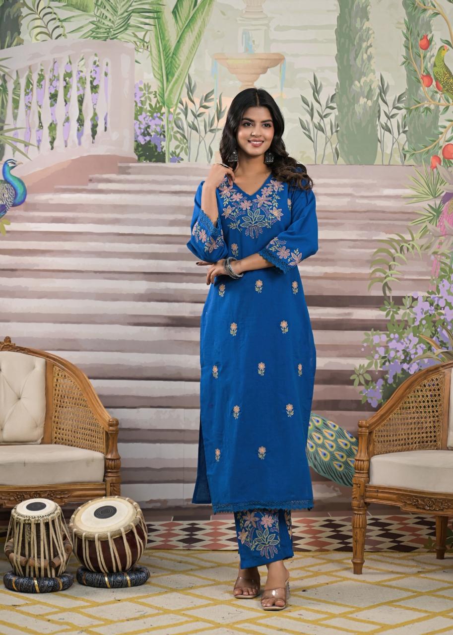 Pure cotton embroidered kurta pant in blue