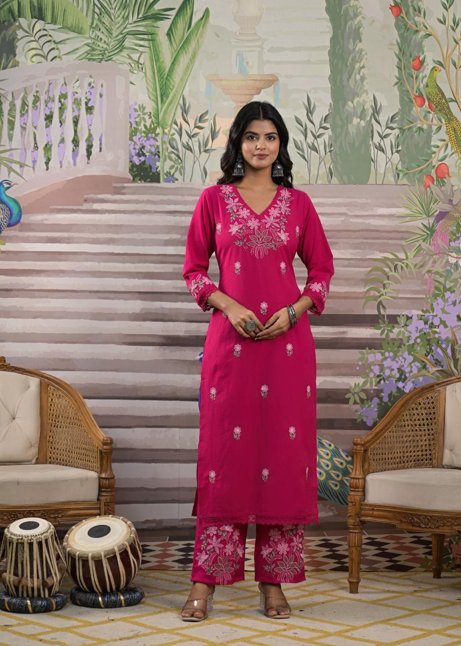 Pure cotton embroidered kurta pant in pink