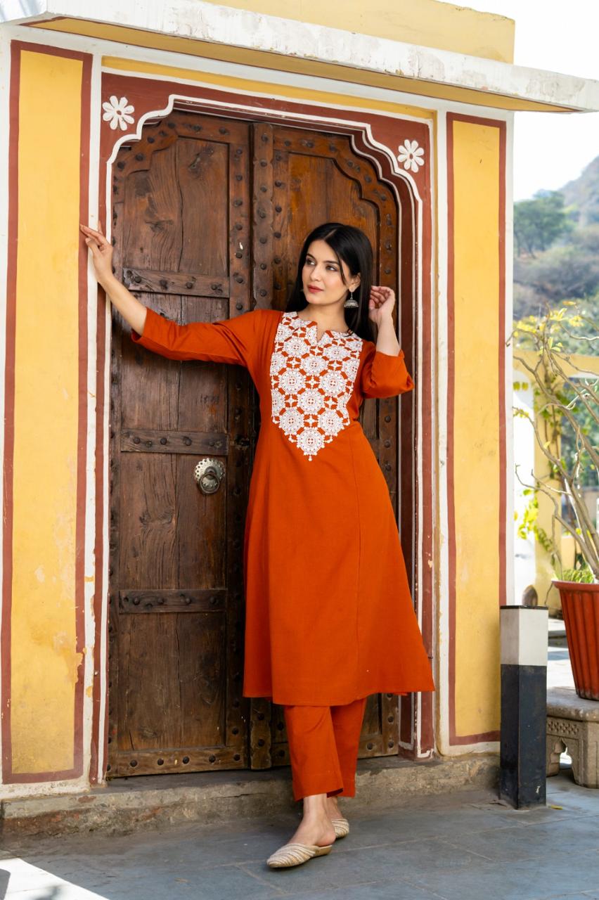 Pretty cotton embroidery kurta pant in rust