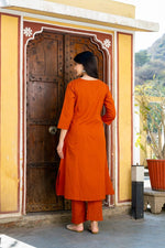 Pretty cotton embroidery kurta pant in rust